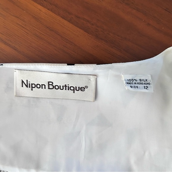 Vintage 80s Black & White Dress Geometric Nipon Boutique 100% Silk Size Medium - Picture 10 of 11